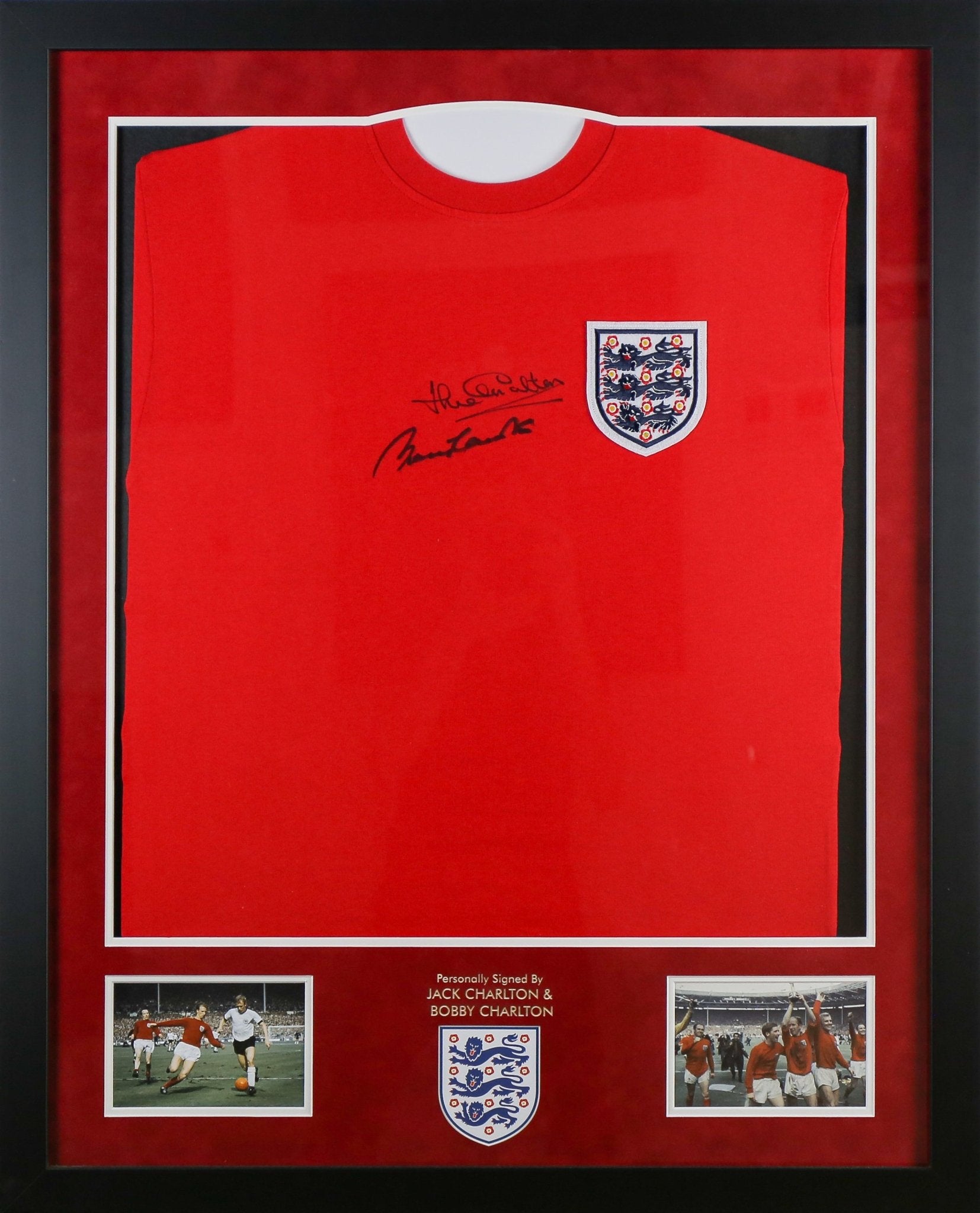Jack Charlton and Bobby Chartlon Signed England Shirt Framed Display - Memorabilia Framers Shop